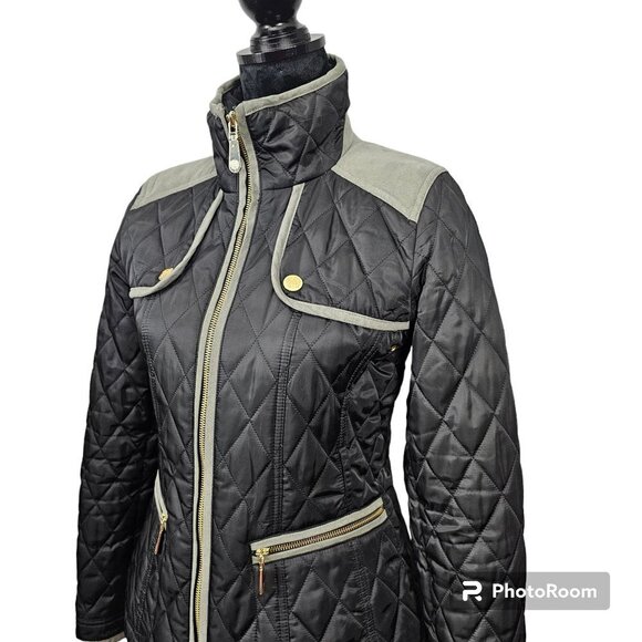 VINCE CAMUTO Quilted Faux Suede Trim Black Field Equestrian Jacket - Picture 5 of 16